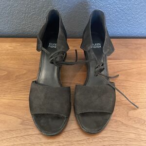 Eileen Fisher Ann Ankle Tie Opened Toed Suede Stacked Heels Women’s Size 8